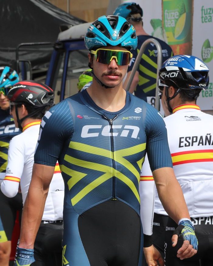 Joshua at a race start line in an X-Speed United kit
